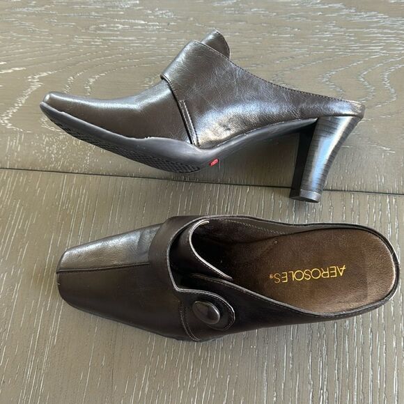 AEROSOLES Women’s Slip-On Mules Brown Faux Leather Pumps Square Toe Size 9M EUC - Picture 1 of 12